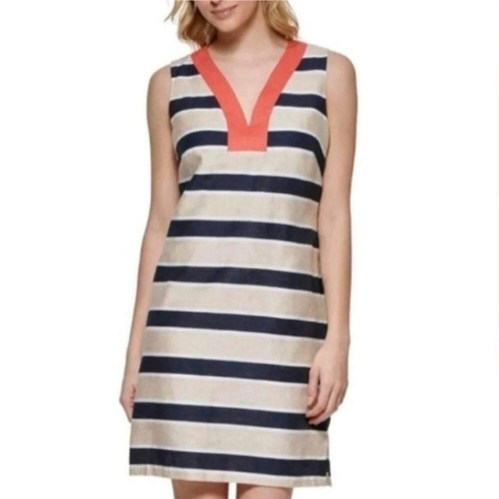 Tommy Hilfiger Striped Linen Blend‎ Shift Dress w/ Coral Trim Women 10 NWT